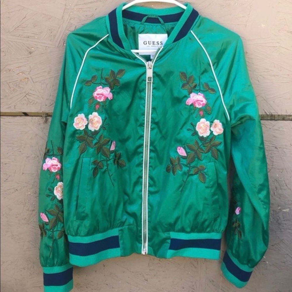 Guess Green Satin Floral Embroidered Bomber Jacket